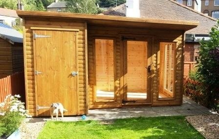 Pent summer house and store on a lawn with a dog outside